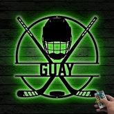 Custom Ice Hockey Metal Wall Art Led Light, Personalized Hockey Player Metal Name Sign, Hockey Sticks And Helmet Led Metal Sign
